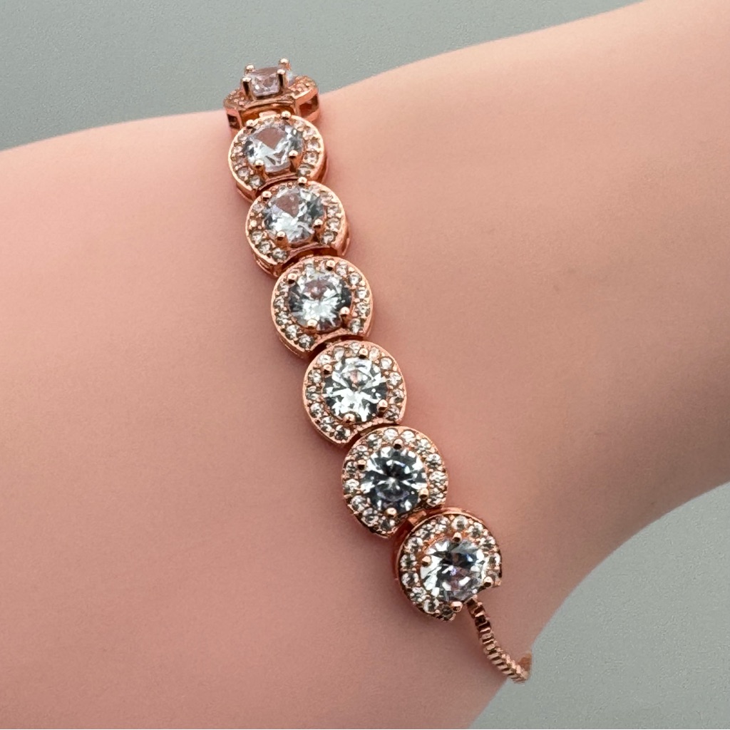 Rose Gold Plated Cubic Zirconia Halo Tennis Adjustable Slider Bracelet New
